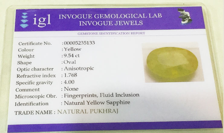 9.54 ct/10.50 ratti Natural Certified Bangkok Pukhraj/Yellow Sapphire